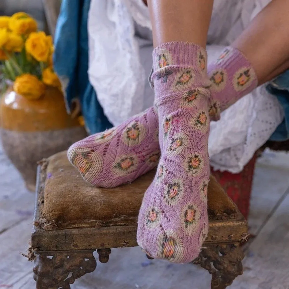 Magnolia Pearl Floral Little Dipper Cable Knit Socks Pink Bohemian‎ NWT